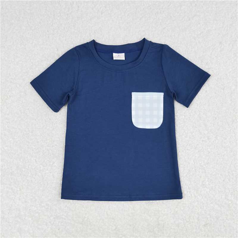 RTS NO MOQ Summer Baby Boys Shirt BT0705 Blue Short Sleeves Plaid Pocket Tee Shirts Tops