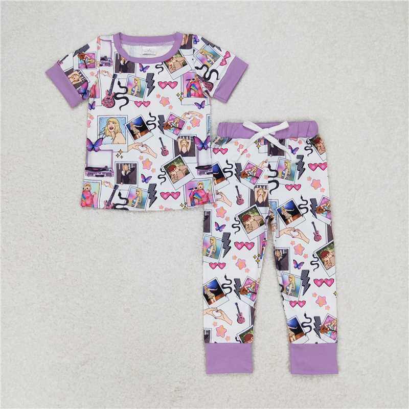 RTS NO MOQ Baby Girls Summer Kids Sets GSPO1492 Purple Singer Hearts Tee Shirt Top Pants Pajamas Clothes Sets