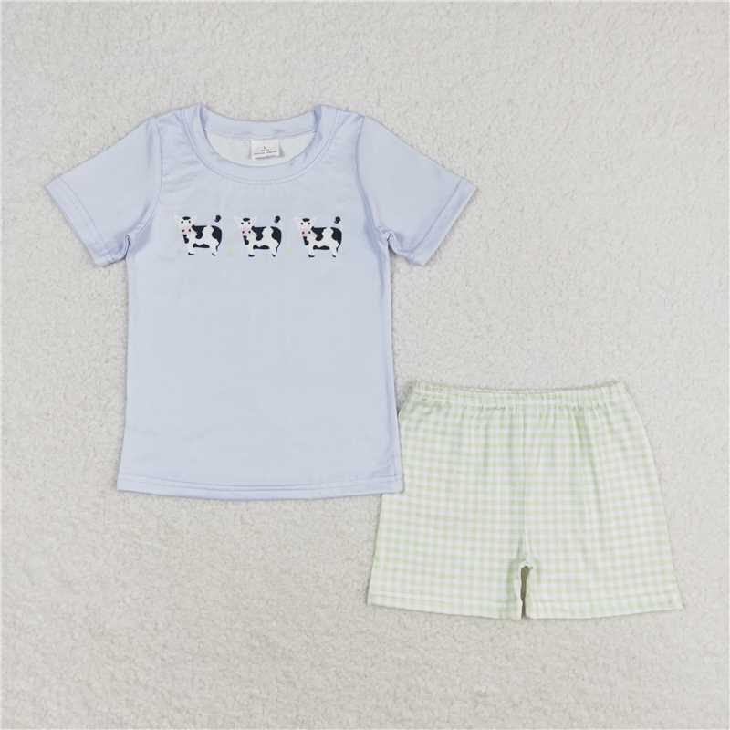 RTS NO MOQ Baby Boys kids Summer Sets BSSO0935 Cow Blue Short Sleeve Plaid Shorts Set