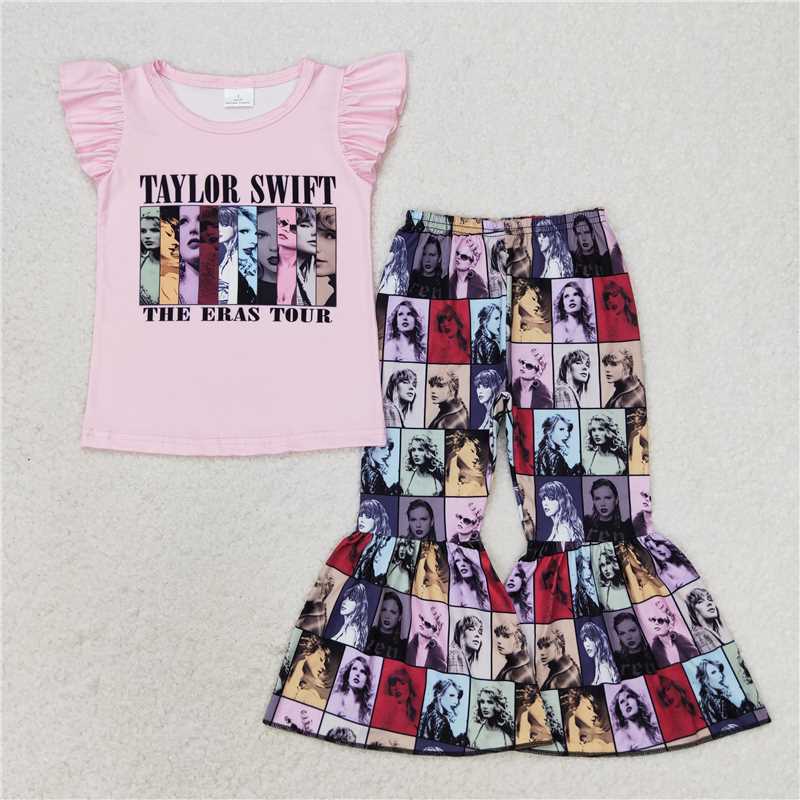 RTS NO MOQ Baby Girls Summer Kids Sets GSPO1540 Singer Flutter Sleeve Shirt Bell Pants Clothes Sets