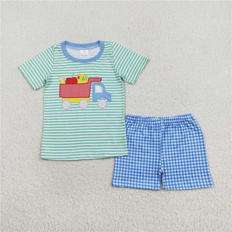 RTS NO MOQ Baby Boys kids Summer Sets BSSO0978 Short Sleeve Back To School Green Stripe Truck Top Shorts Clothes Sets