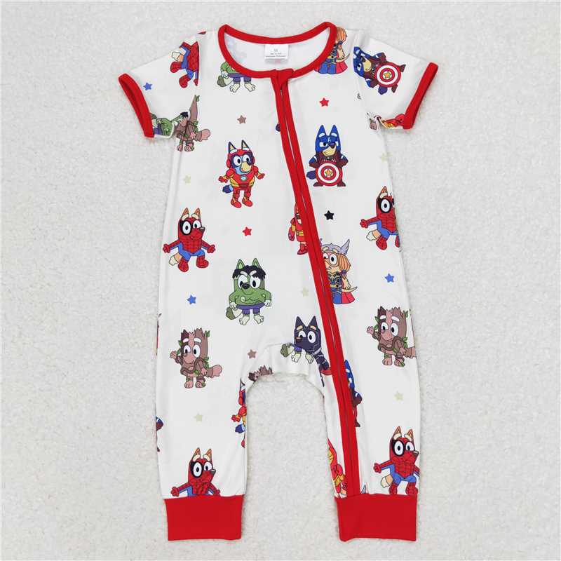 6.27 RTS NO MOQ Baby Boys Summer Bodysuit SR1792 Dog Hero Short Sleeve Rompers
