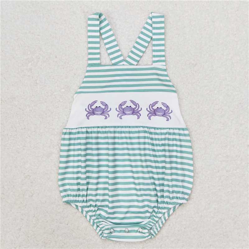6.27 RTS NO MOQ Baby Boys Summer Bodysuit SR1118 Green Stripes Crabs Straps Rompers