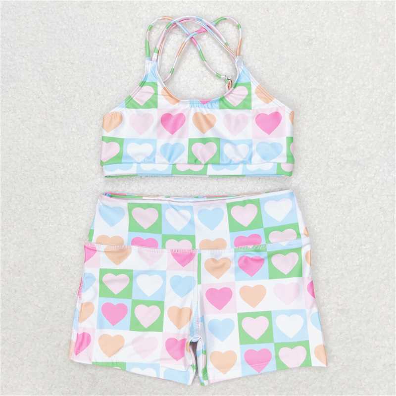 RTS NO MOQ Baby Girls Summer Sets S0373 Pink Hearts Top Shorts Swimsuits