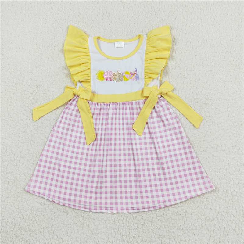 7.30 RTS NO MOQ Summer Baby Girls Dresses GSD0600 Embroidery Beach Flutter Sleeve Summer Bows Knee Length Dresses