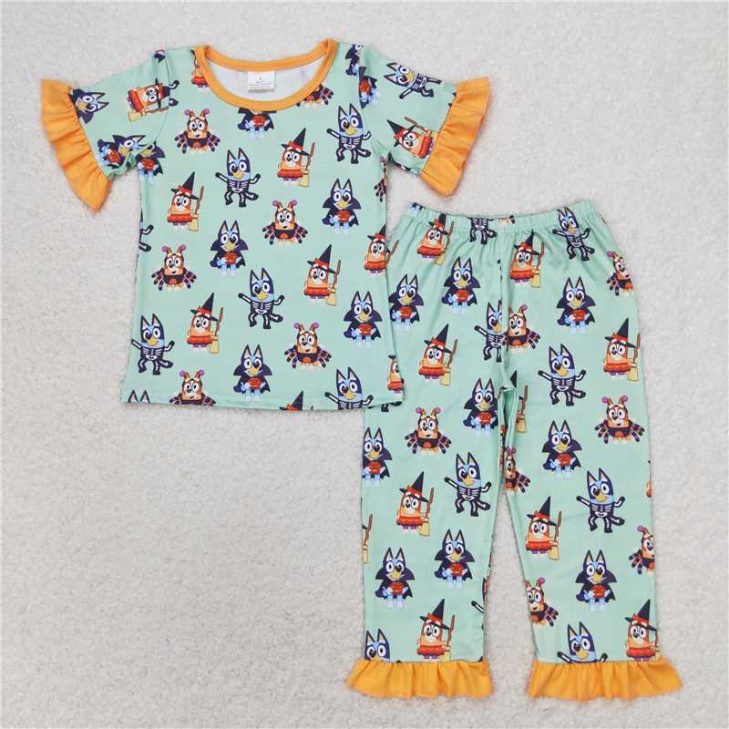 RTS NO MOQ Baby Girls Summer Kids Sets GSPO1573 Halloween Dogs Shirt Tops Pants Pajamas Clothes Sets