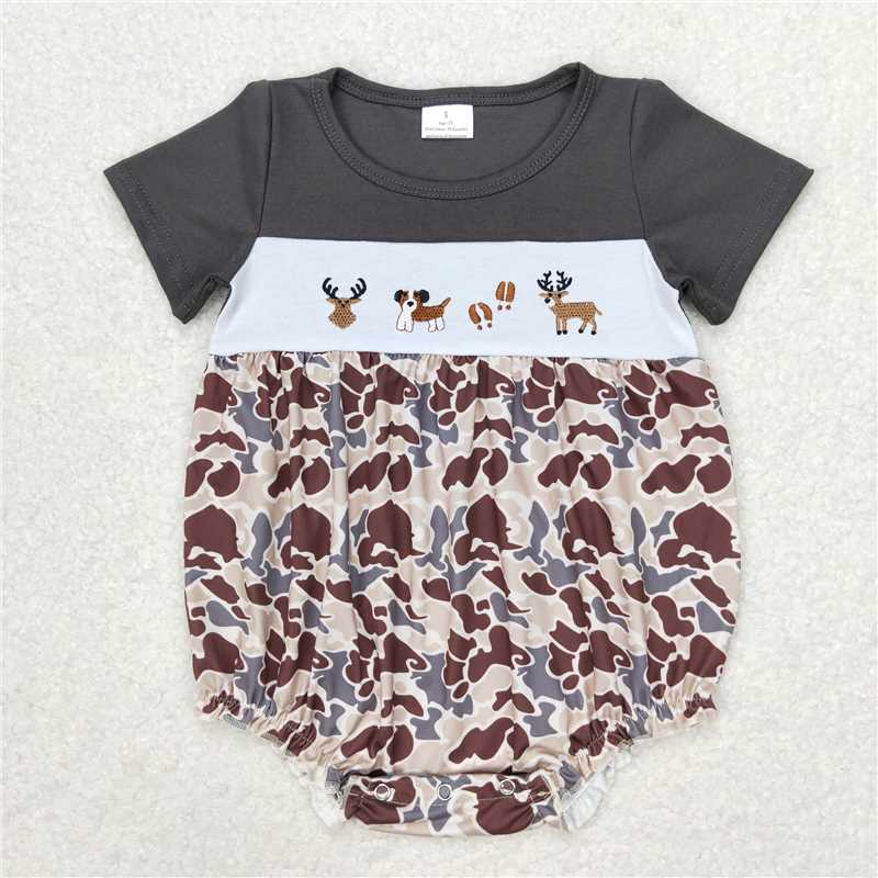 6.27 RTS NO MOQ Baby Boys Summer Bodysuit SR1243 Camo Short Sleeve Deer Dogs Summer Rompers
