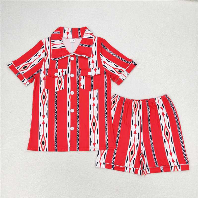 7.4 RTS NO MOQ Adult Women Summer Sets GSSO1283 Adult Red Aztec Short Sleeve Buttons Tee Shorts Pajamas Sets