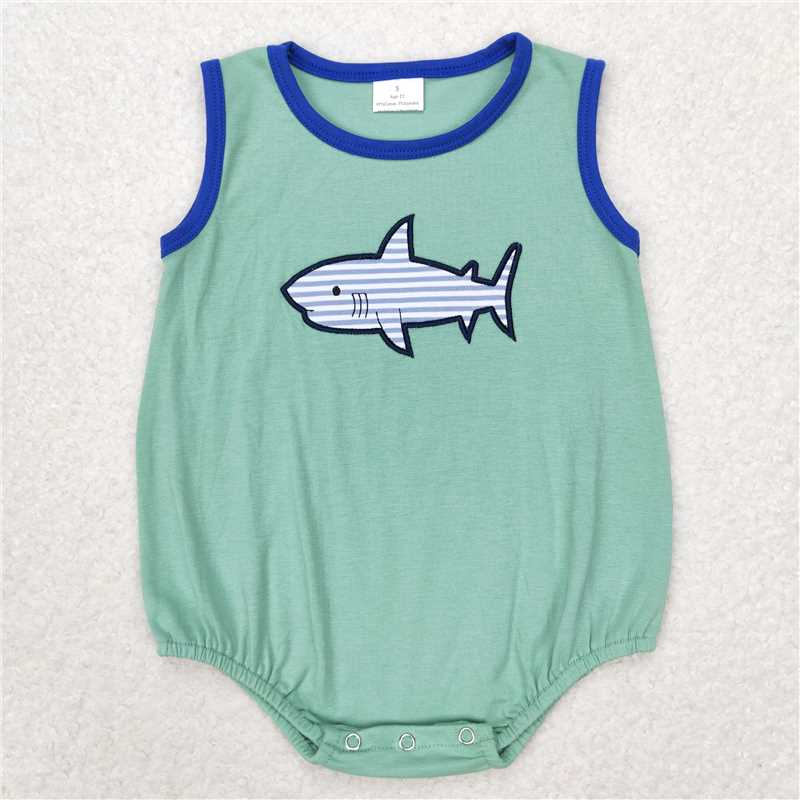 6.27 RTS NO MOQ Baby Boys Summer Bodysuit SR1590 Green Shark Summer Sleeveless Rompers