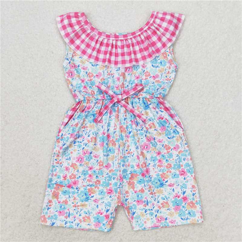 RTS NO MOQ Summer Baby Girls Bodysuit SR1244 Pink Blue Floral Pockets Shorts Jumpsuits