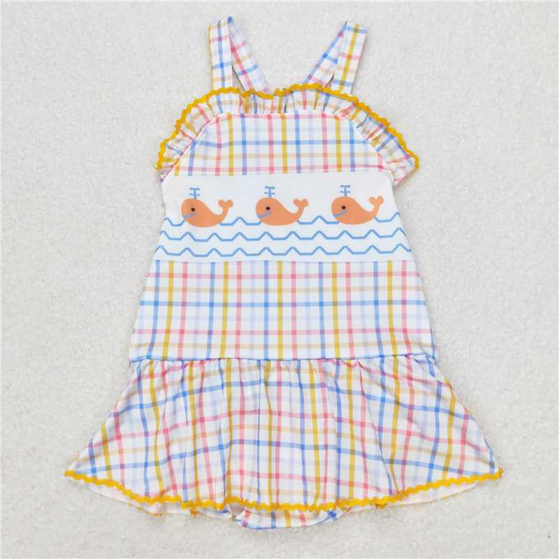 RTS NO MOQ Baby Girls Summer Bodysuit S0396 Orange Whales Ruffle One Piece Swimsuits