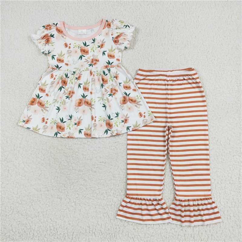 RTS NO MOQ Baby Girls Summer Kids Sets GSPO1570 Orange Flowers Tunic Stripes Pants Clothes Sets