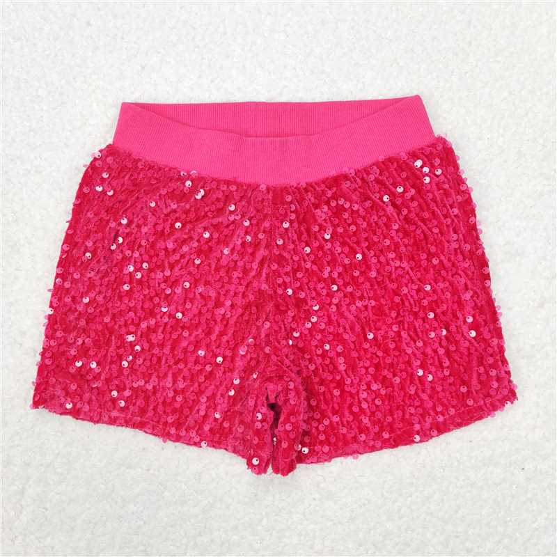 RTS NO MOQ Baby Girls Summer Pants SS0351 Dark Pink Sequin Lining Shorts
