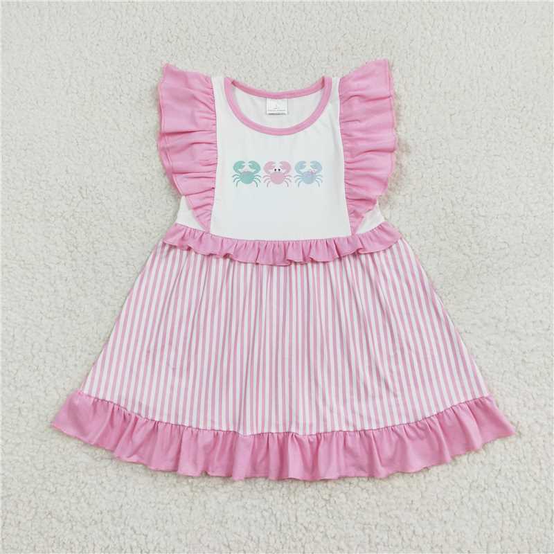 7.22 RTS NO MOQ Summer Baby Girls Dresses GSD1241 Crabs Pink Stripes Knee Length Dresses