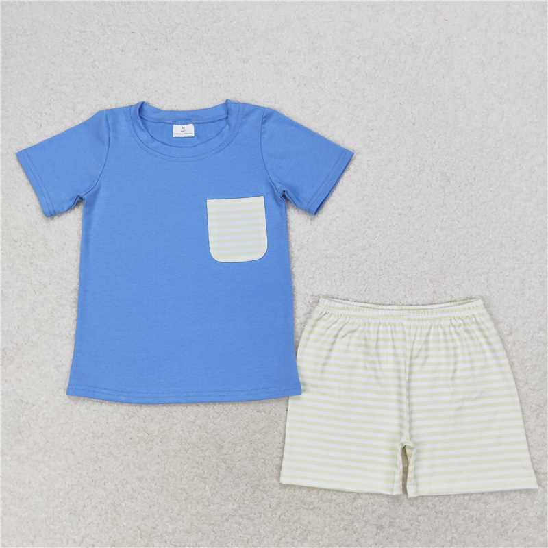 RTS NO MOQ Baby Boys kids Summer Sets BSSO0985 Striped Pocket Haze Blue Short Sleeve Shorts Set