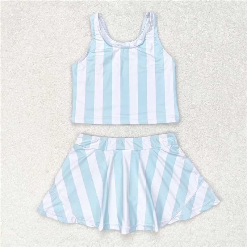 RTS NO MOQ Baby Girls Summer Sets GSD0990 Blue Sleeveless Stripe Top Swimsuits