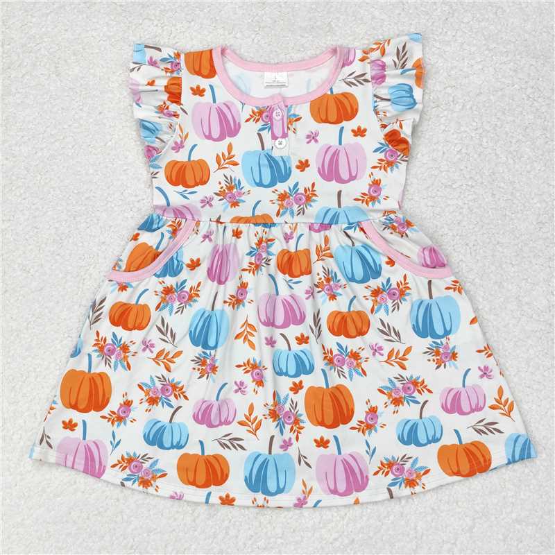 7.9 RTS NO MOQ Summer Baby Girls Dresses GSD1332 Flutter Sleeve Colorful Pumpkins Knee Length Dresses