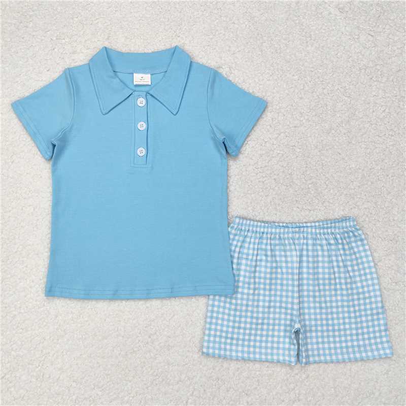 RTS NO MOQ Baby Boys kids Summer Sets BSSO0954 Solid sky blue short-sleeved plaid shorts suit