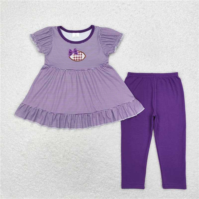 RTS NO MOQ Baby Girls Summer Kids Sets GSPO1676 Purple Stripes Football Tunic Legging Clothes Sets