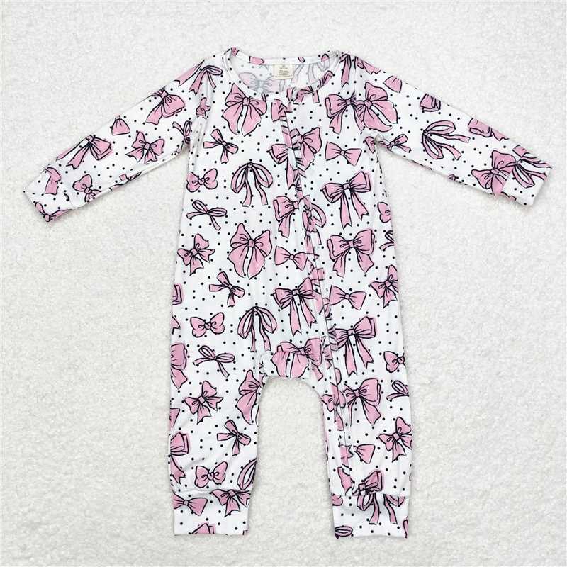 6.19 RTS NO MOQ Baby Girls Bodysuit LR1512 Long Sleeve Pink Bows Bamboo Zip Rompers