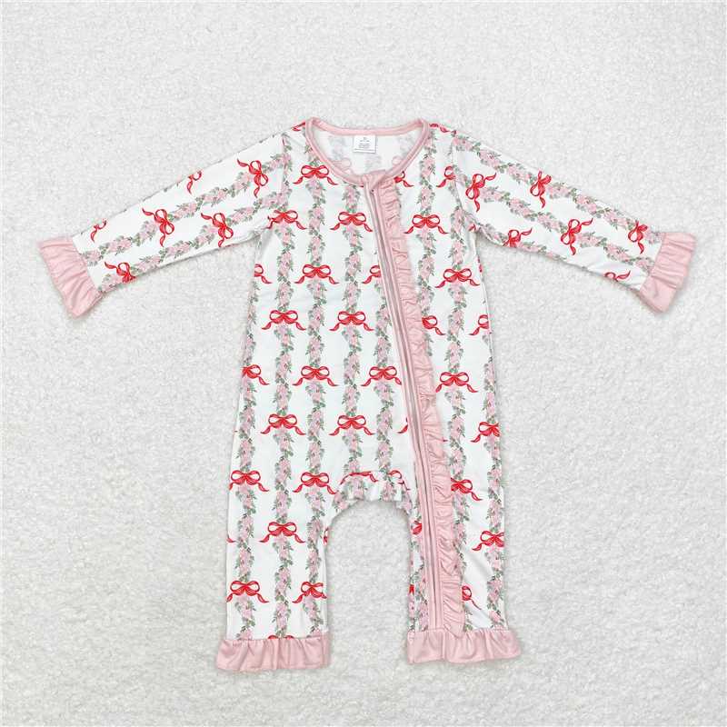 6.19 RTS NO MOQ Baby Girls Bodysuit LR1517 Christmas Red Bows Bamboo Rompers