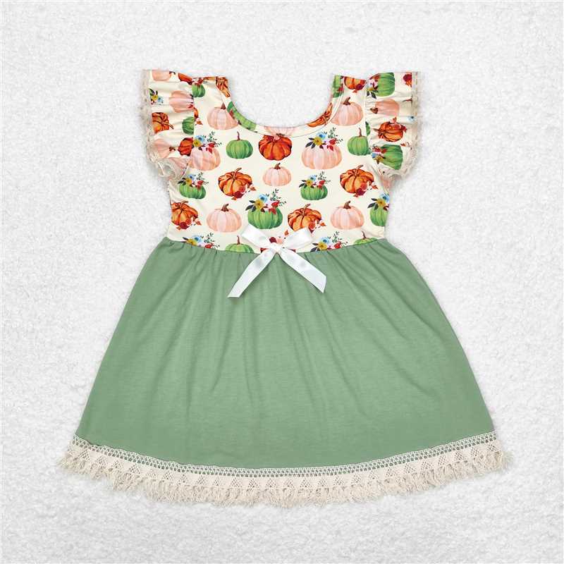 6.21 RTS NO MOQ Summer Baby Girls Dresses GSD1326 Pumpkins Flowers Lace Ruffle Knee Length Dresses