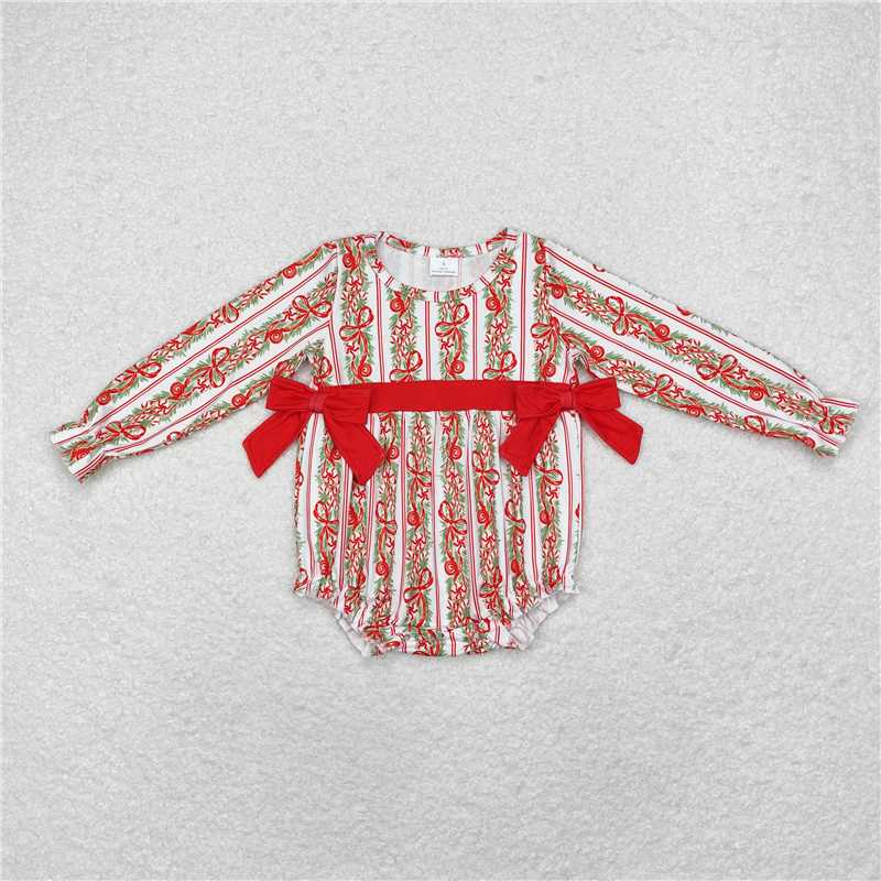 5.14 RTS NO MOQ Baby Girls Bodysuit LR1303 Christmas Red Bows Long Sleeve Rompers