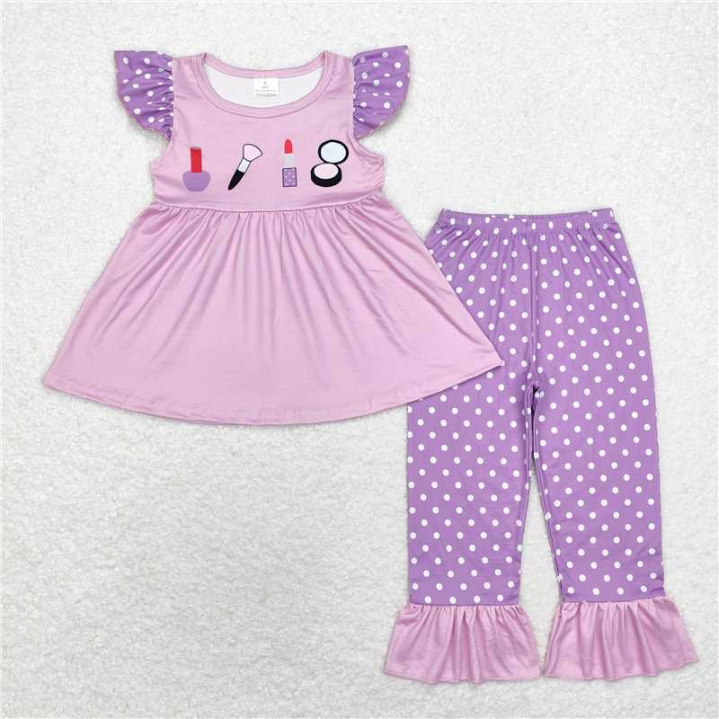 RTS NO MOQ Baby Girls Summer Kids Sets GSPO1682 Lavender Lipstick Tunic Pants Clothes Sets