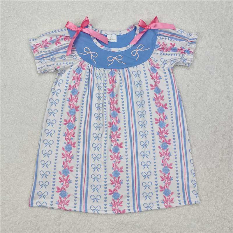 7.9 RTS NO MOQ Summer Baby Girls Dresses GSD1520 Blue Pink Bows Knee Length Dresses