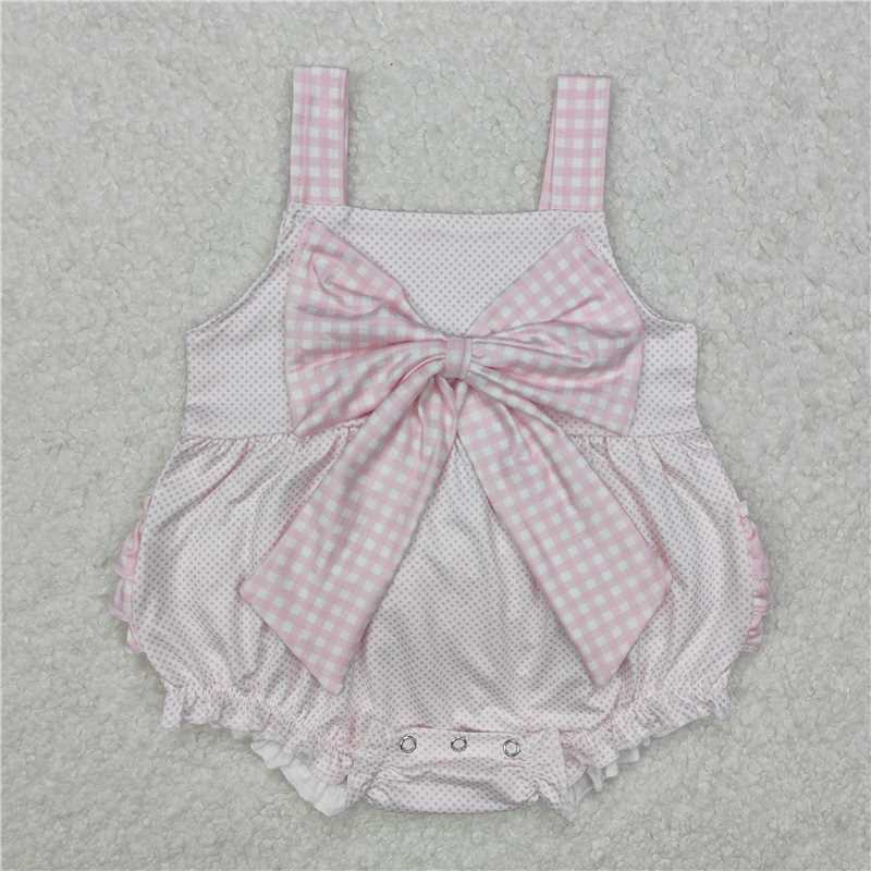 RTS NO MOQ Baby Girls Summer Bodysuit SR2280 Pink Polka Dots Bows Straps Rompers