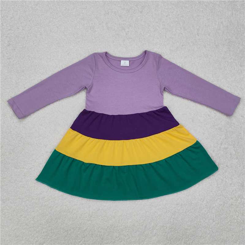 RTS NO MOQ Baby Girls Long Sleeve Mardi Gras Purple Knee Length Dresses