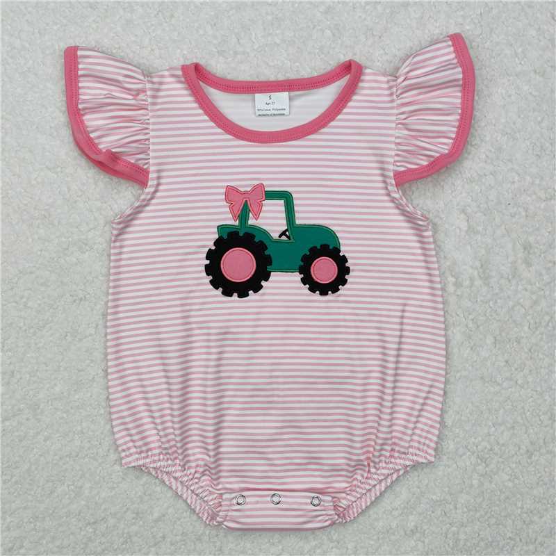 7.11 RTS NO MOQ Summer Baby Girls Bodysuit SR2432 Flutter Sleeve Pink Tractor Bow Rompers
