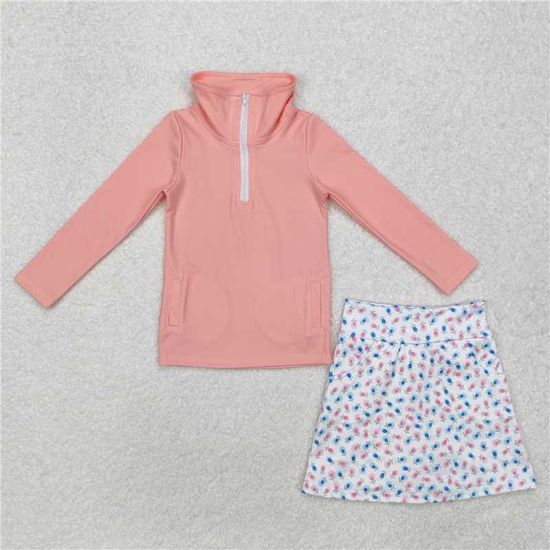 RTS NO MOQ Baby Girls Long Sleeve Outfits GLD0984 Pink Pullover Active Wear Top Shorts Skirts Clothes Sets