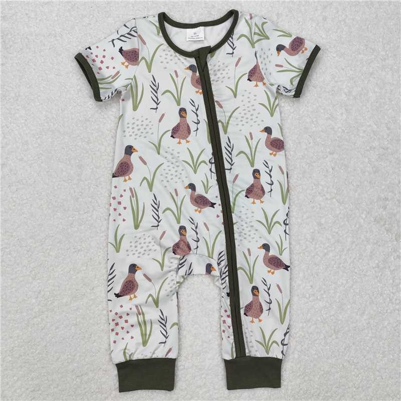 RTS NO MOQ Baby Boys Summer Bodysuit SR2086 Mallard Ducks Short Sleeve Green Zip Rompers