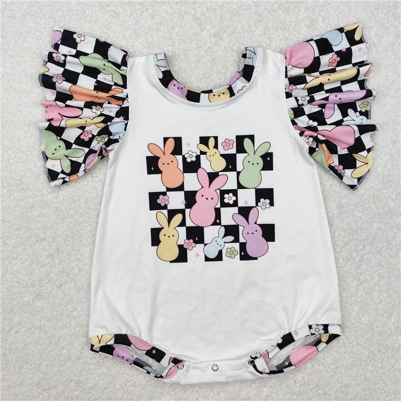 RTS NO MOQ Baby Girls Summer Bodysuit SR2227 Easter Checkered Short Sleeve Rabbits Rompers