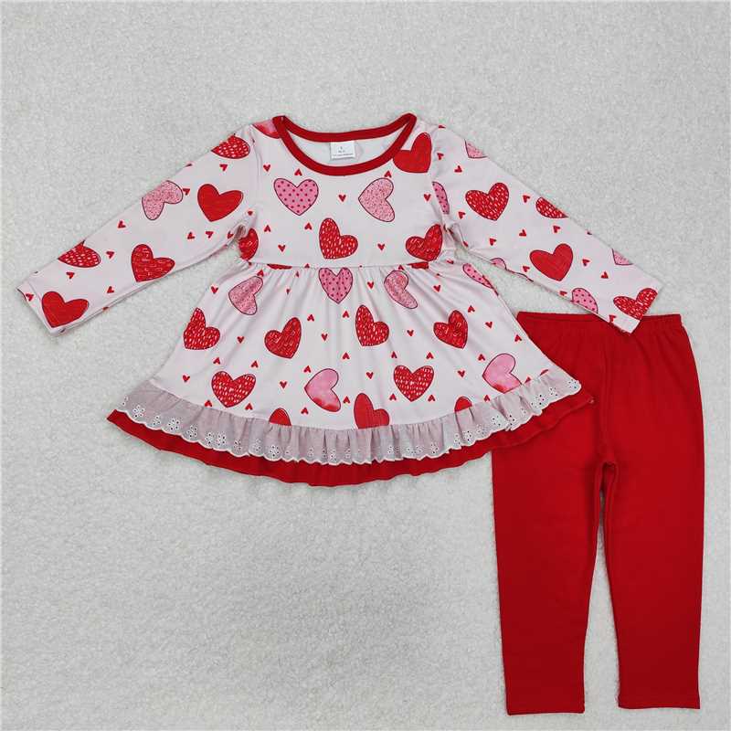 RTS NO MOQ Baby Girls Long Sleeve Outfits Valentines Hearts Lace Tunic Legging Clothes Sets