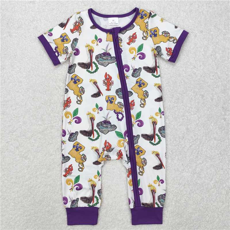 RTS NO MOQ Baby Boys Summer Bodysuit SR2394 Mardi Gras Bird Purple Short Sleeve Zip Rompers