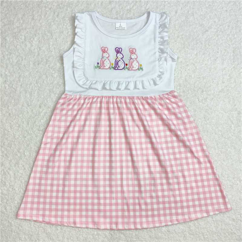 7.9 RTS NO MOQ Summer Baby Girls Dresses GSD1696 Embroidery Easter Rabbits Pink Checkered Knee Length Dresses