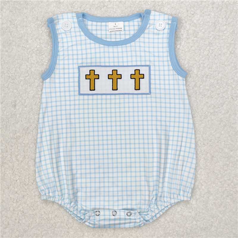 RTS NO MOQ Baby Boys Summer Bodysuit SR2505 Embroidery Blue Checkered Easter Cross Rompers