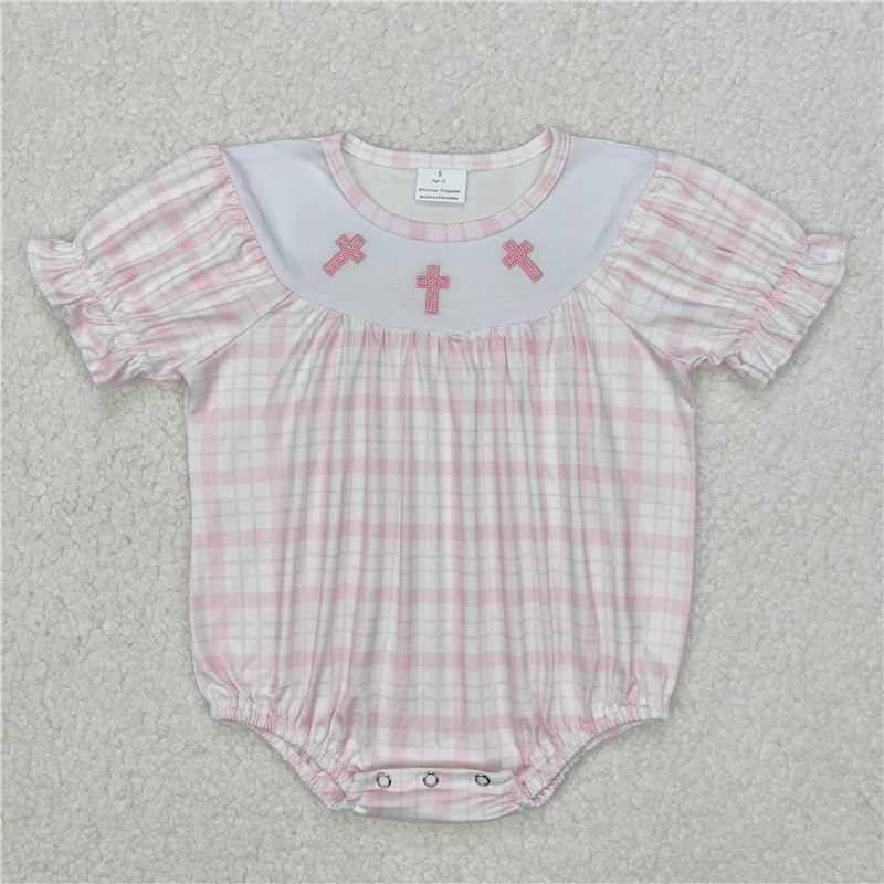 7.11 RTS NO MOQ Summer Baby Girls Bodysuit SR2504 Pink Checkered Easter Cross Rompers
