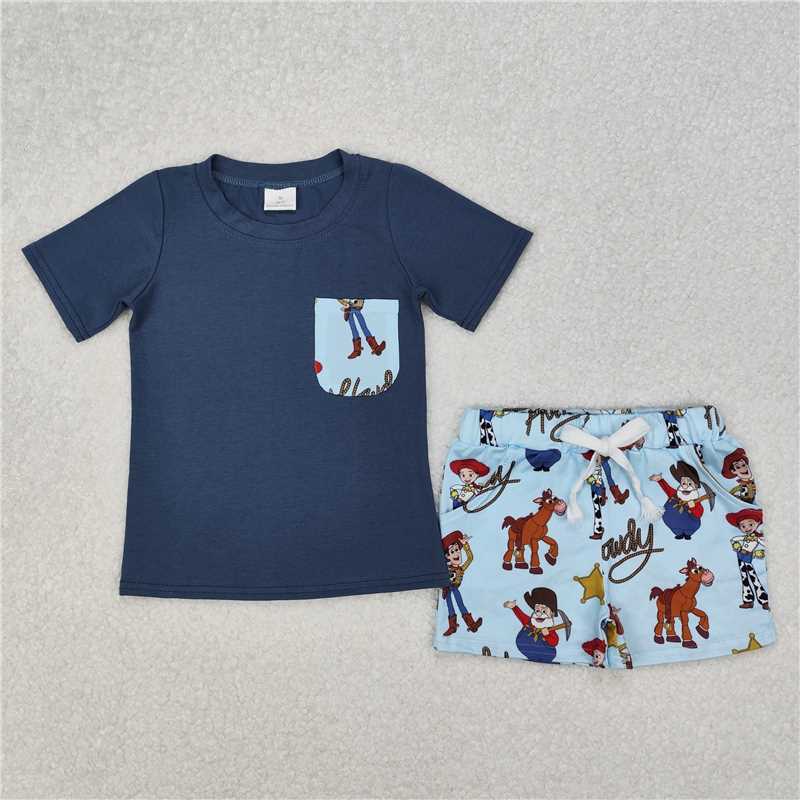 RTS NO MOQ Baby Boys kids Summer sets BSSO1213 Blue short-sleeved shorts with pockets
