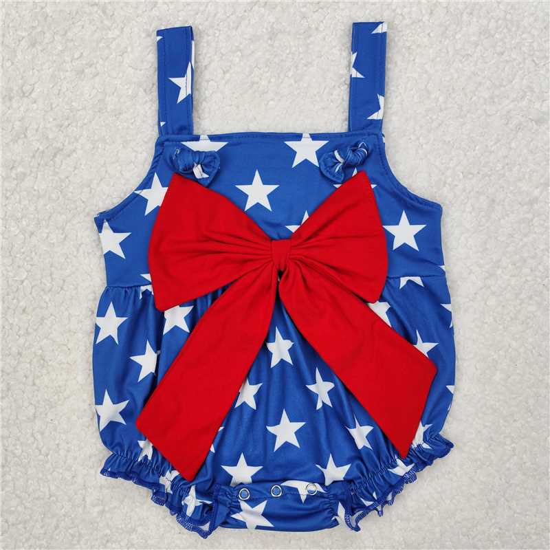 RTS NO MOQ Baby Girls Summer Bodysuit SR2607 4th Of July Blue Stars Bows Rompers