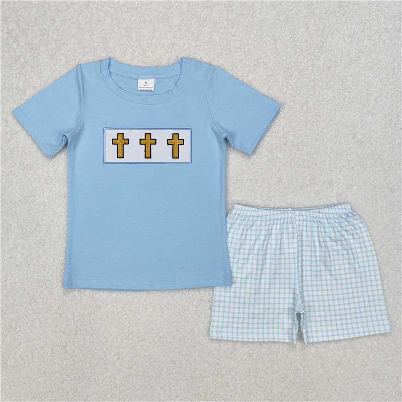 RTS NO MOQ Baby Boys kids Summer Sets BSSO1234 Cross Blue Short Sleeve Plaid Shorts Set
