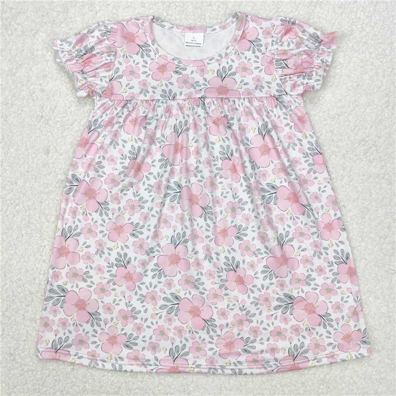 RTS NO MOQ Summer Baby Girls Dresses GSD2026 Pink Flowers Leaves Knee Length Dresses