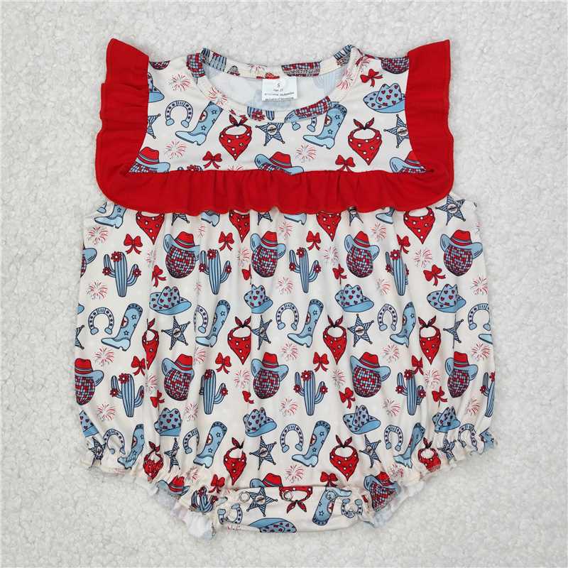 RTS NO MOQ Baby Girls Summer Bodysuit SR2680 4th Of July Western Hats Red Ruffle Cactus Rompers
