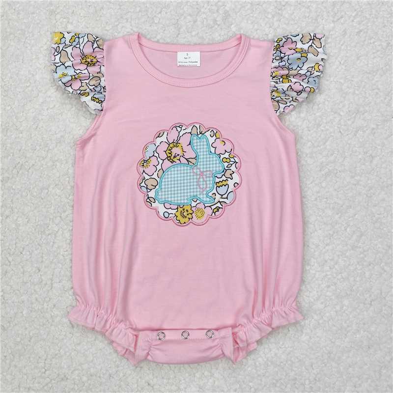7.11 RTS NO MOQ Summer Baby Girls Bodysuit SR2054 Embroidery Easter Bunny Pink Floral Rompers