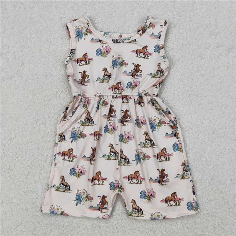RTS NO MOQ Summer Baby Girls Bodysuit SR2695 Western Rodeo Horse Flowers Pockets Jumpsuits