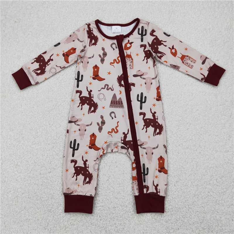 RTS NO MOQ Baby Boys Bodysuit LR2188 Western Cactus boots Rodeo Zip Rompers