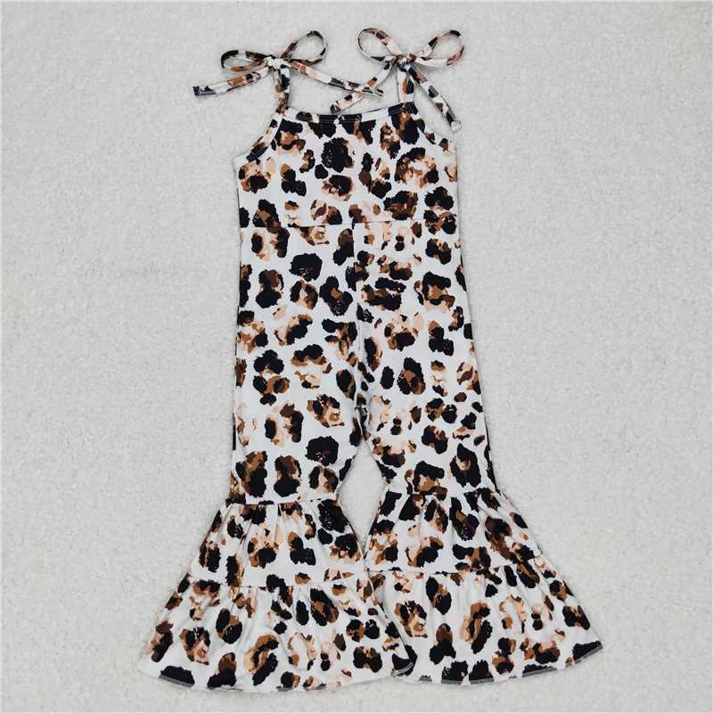 RTS NO MOQ Summer Baby Girls Bodysuit SR0456 Western Leopard Straps Bell Bottom Jumpsuits