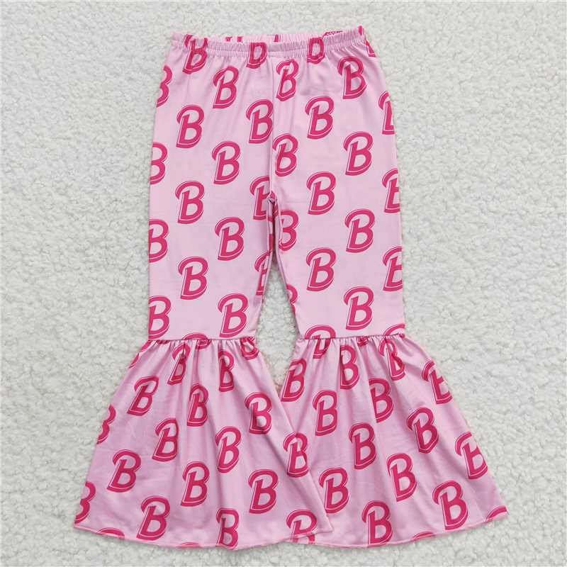 7.18 RTS NO MOQ Baby Girls Long Pants P0306 Pink B Doll Bell Bottom Pants